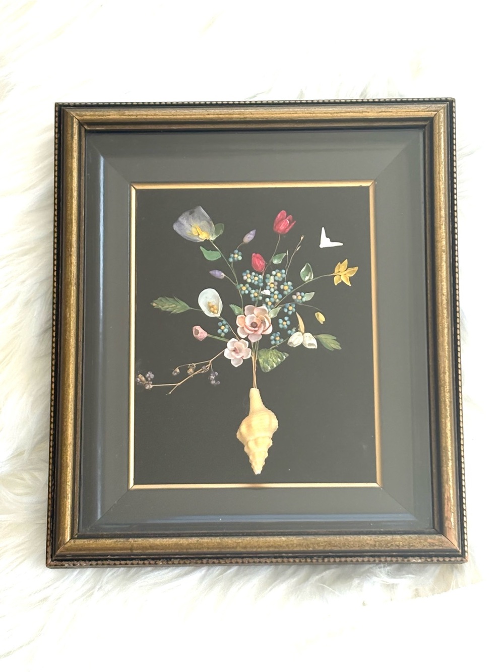 Antique Vintage Framed Floral Shell Artwork Black & Gold